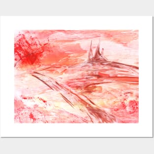 Red landscape with a castle. Encaustic, art decoration, sketch. Posters and Art